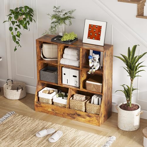 DINZI LVJ Toy Storage Organizer, Kids Bookshelf, Wood Toy Storage Cabinet, 3-Tier 8 Cubby Children Bookcase, 39.4" L Toddler Book Shelf for Playroom, Living Room, Nursery, School, Rustic Brown - color: Rustic Brown, size: 3-Tier 39.4"