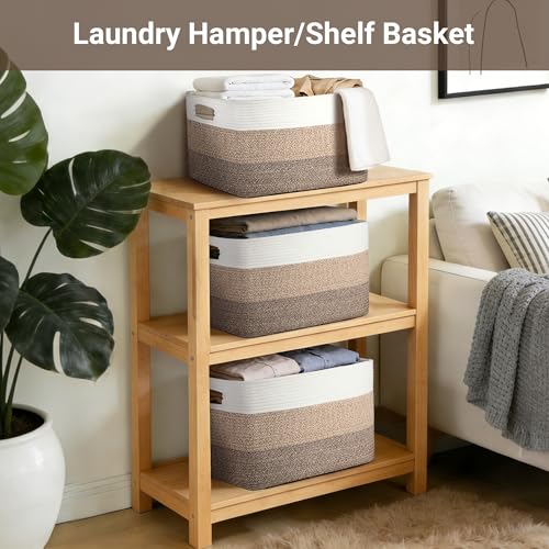 75L Large Woven Storage Basket, Cotton Rope Laundry Hamper with Handles, 22”x17”x12” Rectangle Blanket Basket for Toys, Clothes, Pillows, Nursery and Living Room, Gradient Brown/White - color: Gradient Brown/White