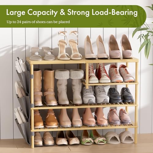Bamboo Shoe Rack, 4 Tiers Shoe Organizer for Closet, Shoes Storage for 20-24 Pairs, Freestanding Shoe Shelf with Removable Pocket for Entryway Bedroom Front Door Dorm - color: Natural Color