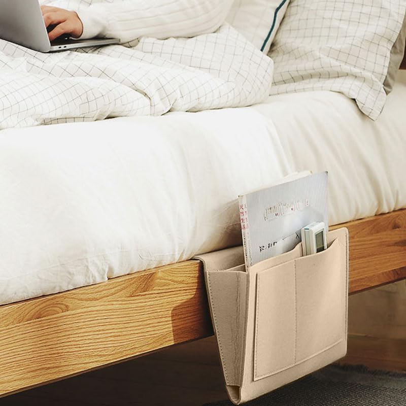Bedside Storage Organizer with Pockets, Bedside Caddy, Table Cabinet Storage Organizer for TV Remote Control, Phones, Magazines, Tablets, Accessories, Living Room Office Chair Stowage Solution, Beige
