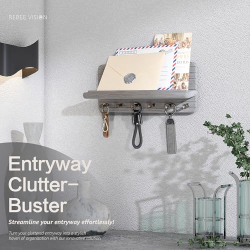 Rebee Vision Pine Wood Key Holder Wall Mount for Room Decor Aesthetic – Wooden Key Holder for Wall with 6 Hooks & Floating Shelf - Farmhouse Home Organization Accent (Distressed Gray) - color: Distressed Gray, size: Medium-11inch