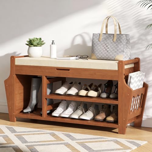 oakvivo 47.2in Shoe Bench Entryway - Bamboo Shoe Rack Bench with Storage, Shoe Rack Organizer with Cushion, 2 Side Holder, Holds Up tp 330lbs for Front Door Entrance, Living Room - size: 47.2 inch