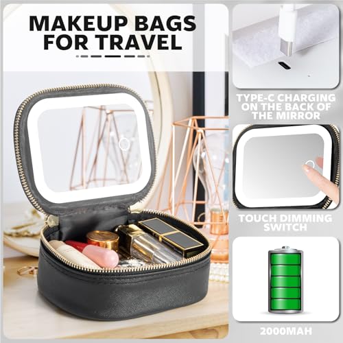 Mini Makeup Bag with Led Mirror, Small Travel Make up Bag 3 Light Modes Adjustable Brightness, for Women Organizer Cosmetic Bag, Portable Travel Train Toiletry Bag, for Pool Parties Work Touch-Ups - color: Black