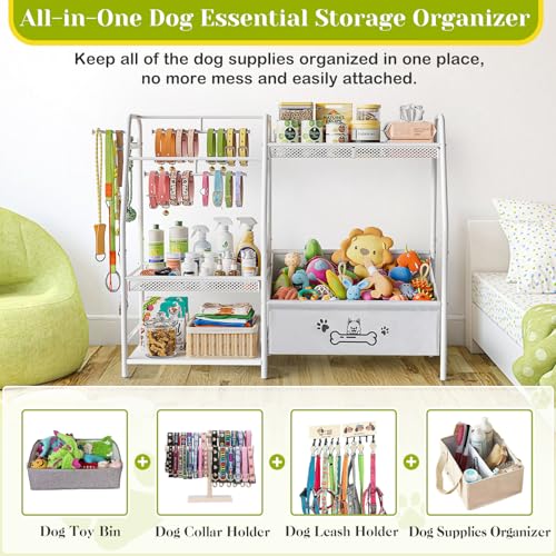 Large Dog Toy Basket with Dog Storage Organizer, Trapezoid Dogs Toy Bin Box with Collar Leash Holder Hook, Toy Holder Chest Pet Storage Cabinet for Living Room, Dogs Essentials for Pet Lovers Gift - color: White