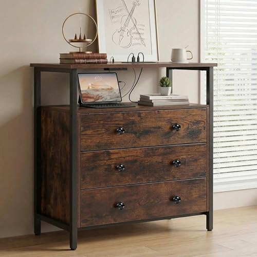 Edbuosy 3 Wooden Drawers Night Stand, 27 Inch Wide Nightstand with Charging Station and Adjustable Drawers, Small Dresser for Closet, Bedside Table for Living Room/Bedroom/Office, Retro Brown. - color: Retro Brown, size: 3 Drawers