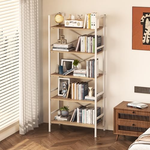 Folding Bookshelf,5 Tier Bookcase Foldable Shelf with X-Bracket Design, Adjustable Feet, Space Saving Storage for Living Room, Office, Light Coffee - color: Light Coffee, size: 5 Tier