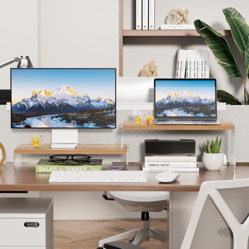 Adjustable Monitor Stand Riser with Acrylic Legs丨15.74" Length Dual Monitor Stand for Desk丨2-Tier Wood Desktop Organizer for Computer, Laptop, Printer & PC丨Modern Aesthetic Desk Shelf(wood-wavy) - color: wood-wavy, size: 7.67' W*15.74L