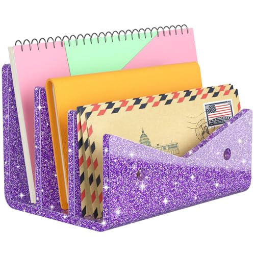 Mail Organizer Envelope Holder - 3 Compartments Glitter Purple Acrylic Mail Holder Countertop Vertical Desk Organizer Small File Bill Document Notebook Letter Sorter for Home School Office - color: Glitter Purple, size: 3 Compartments