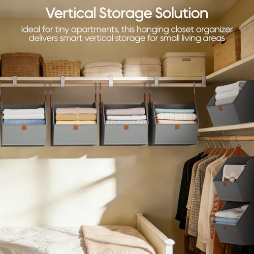 Homsorout Collapsible Hanging Closet Organizer - 3 Tier Closet Shelves Storage System with Hooks, Fabric Hanging Storage Bins for Clothes, Foldable Storage Basket for Laundry, Bedroom, Rv, Grey - color: Grey, size: 3 shelves