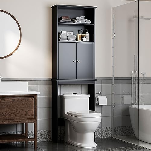 Shintenchi Over The Toilet Storage Cabinet, Bathroom Above The Toilet Rack, Bathroom Adjustable Shelf Organizer with Open Bottom Bar and Anti-Tip Device, Black - color: Black, size: 2 Open Shelves