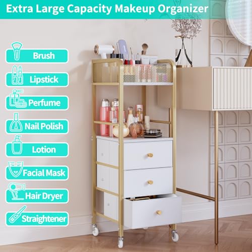 HapiRm Rolling Makeup Cart Organizer - Floor Skincare Make Up Storage with 3 Non-woven Fabric Drawers, Vanity Organizer Cosmetic Display Cases Holder for Skin Care Perfume Nail Polish Brush Hair Tool - color: Gold