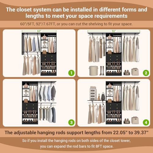 Besiost Closet System - 60"/92" Closet System with Drawers, 5FT/7.67FT Closet Organizer System with Reversible Hanging Shelving and Hanging Rods, for Small/Walk-in Closets, Black - color: Black, size: 5FT