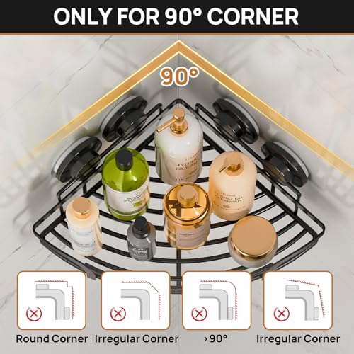 LEVERLOC 2 Pack Strong Suction Cup Corner Shower Caddy, Large Capacity Removable Bathroom Organizer, Stainless Steel Rustproof Shower Shelves with Hook, Drill-Free Wall Mounted Suction Basket, Black - style: Corner 90°, Black