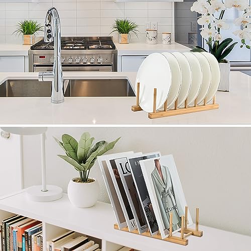 INNERNEED Bamboo Wooden Dish Rack, Vertical Plate & Lid Organizer for Kitchen Cabinet or Countertop, Drying Stand for Dishes, Cutting Boards - size: Pack of 1