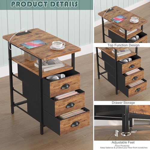 sthmec End Table with Charging Station,LED Side Tables with USB Ports and Outlets,Narrow Nightstands Bedside Tables with 3 Fabric Drawers for Small Space,Slim Sofa Table for Livingroom, Rustic Brown - color: Rustic Brown, size: 11.75'' W*21'' D* 24.3'' H,