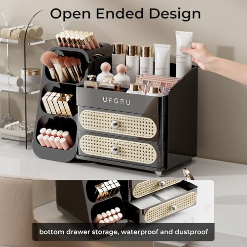 Makeup Organizer for Vanity with Brush Holder, Large Plastic Bathroom Countertop Skincare Organizer with 2 Drawers, Spacious Cosmetic Display Case for Perfumes, Eyeshadow Palettes, Nail Polishes - color: Black Rattan Weaving, size: Large