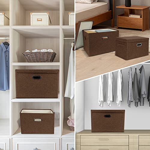 DAYARD Foldable Storage Boxes with Lids Linen Fabric Stackable Storage Bins Organizer Containers Baskets Cube with Cover for Closet Office Nursery, Coffee XL (20 x 14 x 12) - color: Coffee, size: XL