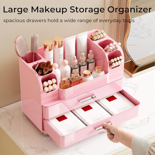 Makeup Organizer for Vanity with 2 Large Drawers, Cosmetic Display Case with Brush Holders, Easy to Storage for Bathroom Countertop Skincare, Desk Office Supplies, All Pink - color: All Pink