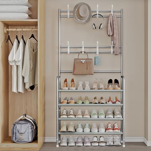 Coat Rack Shoe Rack With Storage Shelf Freestanding with 8 Hooks for Entryway Bedroom Closet 4 Tier, Grey - color: Grey