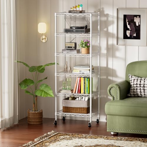 SINGAYE 6 Small Shelf Storage Wire Shelves Closet Bathroom Organizers Metal Pantry Kitchen Garage Shelving Unit Laundry Room Organization Home Narrow Rack Net Basket with Wheels White - color: White, size: 6Tier/11.5"D X 17.5"W X 61.5"H