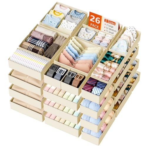 DIMJ Drawer Organizer Clothes - 26 Pack Closet Drawer Organizer Bins for Baby Clothes Storage, Fabric Dresser Organizer for Nursery Bedroom, Foldable Small Drawer Dividers for Underwear Socks - color: Beige, size: 26 Pack