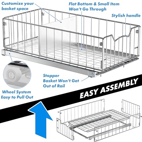 Simple Houseware Pull-Out Cabinet Sliding Basket Organizer, 17.2" D x 9.7" W x 5" H – Chrome Finished, Ideal for Kitchen and Bathroom Cabinet Storage, Under Sink or Pantry Organization - color: Chrome