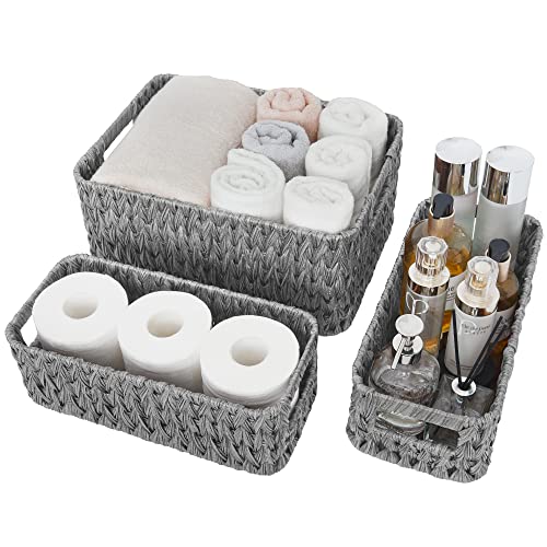 GRANNY SAYS Wicker Baskets for Organizing, Storage Baskets for Shelves, Small Baskets for Counter, Waterproof Storage Basket with Handles, Gray, 3-Pack - color: Gray, size: 14½"L x 10¼"W x 7"H + 2x 13"L x 6"W x 4½"H