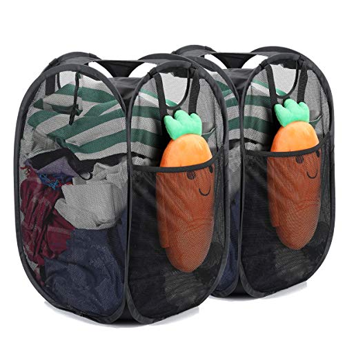 2 Pcs Strong Mesh Pop-up Laundry Hamper, Quality Pop Up Hampers for Laundry with Durable Handles Solid Bottom High Carbon Steel Frame, Easy to Open and Fold Flat for Storage(Black) - color: Black, size: 2-Pack