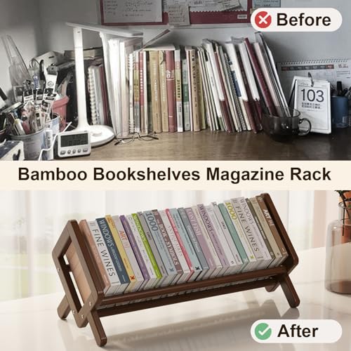 Premium Desktop Bookshelf Organizer, Small Bamboo Desk Book Rack Shelf for Magazine, Cookbook,Books, Retro Brown Table Top Bookcase Shelves Holder Storage, Wooden Tabletop Holders Racks for Countertop