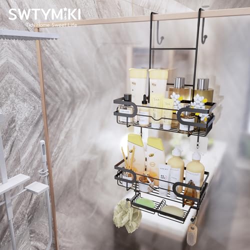 SWTYMIKI Over the Door Shower Caddy Hanging with Double Soap Holder, Hanging Shower Organizer with 16 Hooks, No Drilling Shower Shelves Over Door, Bathroom Rack and Storage, Black - color: Black