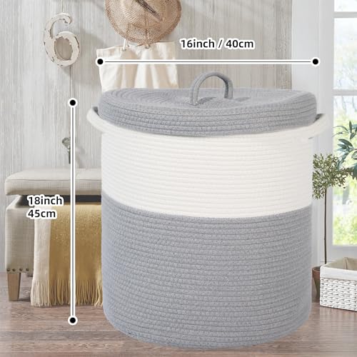Large Storage Basket with Lid 60L, 16"Wx18"H Woven Laundry Hamper Basket with Handle, Room Decor Cotton Rope Wicker Basket Toy Organizer Bins for Clothes Blankets Pillows, Gray/White Mix includes Lid - color: Gray/White Mix-16"Wx18"H