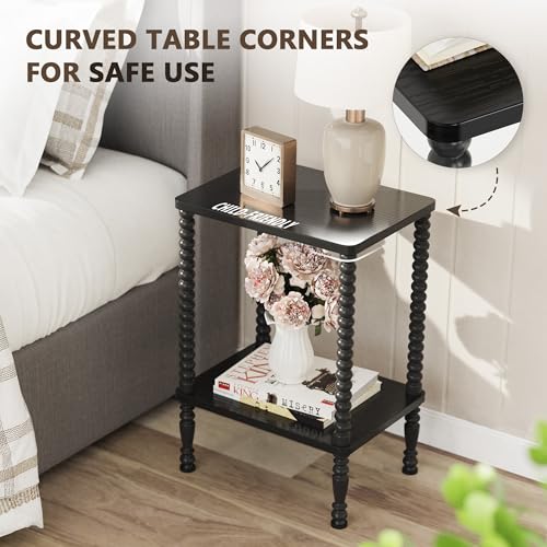 Side Table, 2-Tier Wood End Table, Vintage Bedside Nightstand with Open Storage Shelf for Living Room, Bedroom, Office, Black - color: Black, size: 2-Tier