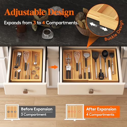 Lifewit Utensil Organizer for Kitchen Drawer, Expandable Cooking Utensil Tray, Cutlery Silverware Flatware Holder, Wood Adjustable Spatula Tools Storage Divider, 30-55 x 40cm, Natural - color: Natural, size: 11.9~21.7'' W x 15.75'' D