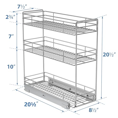 ROOMTEC Pull Out Spice Rack for Narrow Cabinet (8½" W X 20½" D),3 Tier Slide Out Cabinet Organizer and Pull Out Shelves Under Cabinet Storage for Kitchen, Chrome - size: 8½" W X 20½" D,3 Tier