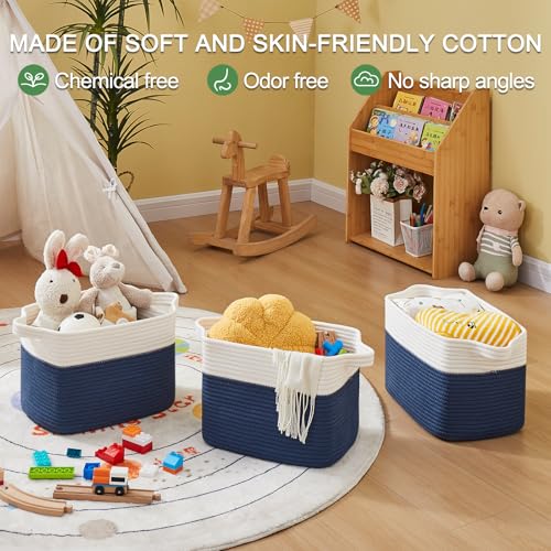 OIAHOMY Storage Baskets - Woven Cotton Rope Baskets for Shelves, Toy Towel Organizer Bins, Pack of 3, Blue & White - color: Blue & White, size: 3 pcs-13”x9.9”x8.7”