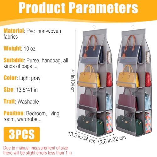 3 Packs Hanging Handbag Organizer for Closet, Purse Organizer For Closet, Purse Storage Holder with 8 Clear Pockets, Space Saving Purses Hanger for Wardrobe Door Wall, Gray