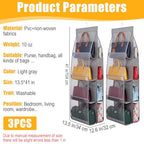 3 Packs Hanging Handbag Organizer for Closet, Purse Organizer For Closet, Purse Storage Holder with 8 Clear Pockets, Space Saving Purses Hanger for Wardrobe Door Wall, Gray