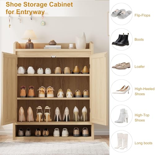 GarveeHome Modern Rattan Shoe Cabinet for Entryway, Natural Oak Wooden Shoe Storage Organizer with Doors, Adjustable Shelves Shoe Rack for Hallway, Bedroom, Living Room - color: Natural