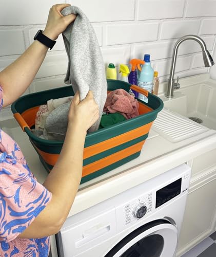 SAMMART Collapsible Plastic Laundry Basket with Handle/Foldable Pop Up Storage Hamper/Portable Laundry Organizer-Space Saving Washing Tub/Household Storage (Teal Green/Autumn leaf, 27L) - color: Teal Green/Autumn leaf, size: 27L