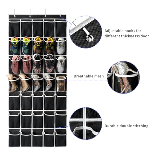 SAVERHO 35 Pockets Over the Door Shoe Organizer, Hanging Shoe Organizer for Door with 35 Mesh Pockets Large Capacity Shoe Hanging Storage Bag with 4 Metal Hooks (Black-1Pack) - color: Black-1pack of 35 pocket
