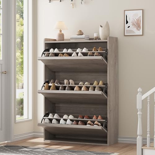 GarveeHome Shoe Cabinet with 3 Flip Drawers, Wooden Shoe Organizer Cabinet with Adjustable Shelf, Shoe Storage for Entryway, Hidden Shoe Cabinet for Hallway, Living Room, Grey - color: Grey, size: 3-Drawers