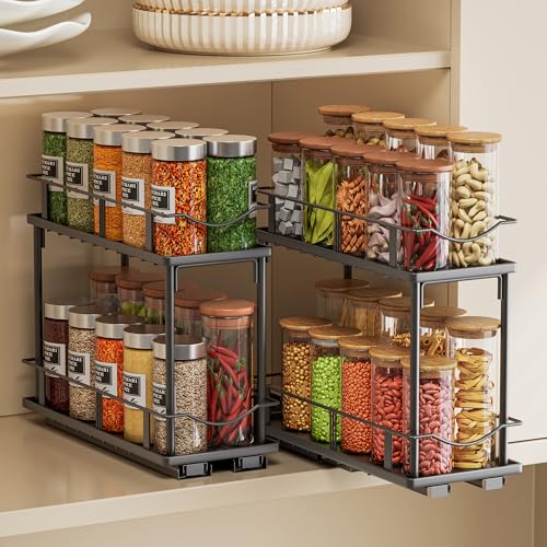 2 Packs Pull Out Spice Rack Organizer for Cabinet, 2-Tier Slide Out Seasoning Organizer, Narrow Cabinet Spice Rack, 10.7" Dx4.8 Wx8.85 H, Full Extension Ball Bearing Glides, Kitchen Pantry Organizer - size: 2 Pack