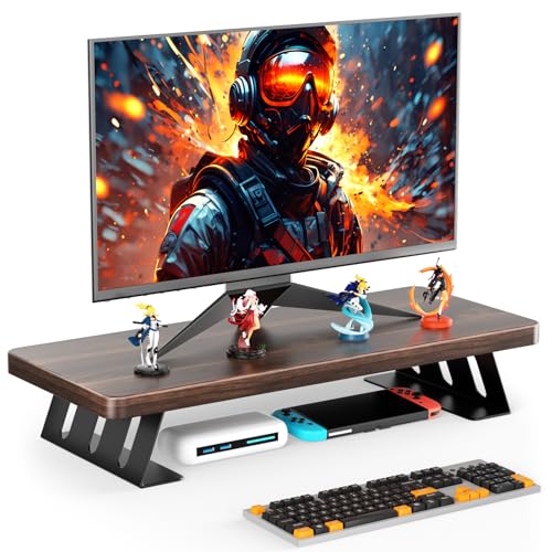 Monitor Stand - 24 Inch Wood Monitor Stand Riser, 220 Pounds Load Capacity Desk Monitor Riser for Laptop/PC/Printer, Desktop Stands Organizer for Home Office - color: Black Walnut - Black Legs