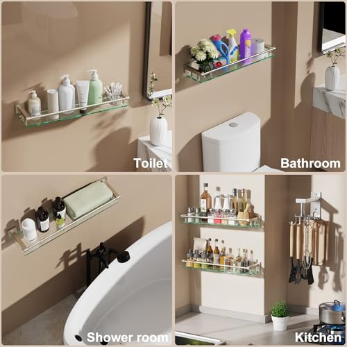 Glass Shelf for Bathroom Wall Sheves 24 inch Rectangular Stainless Steel Tempered Glass Modern Stainless Steel Wall Mount Accessories Organizers Storage (Brushed Nickel, 24‘’) - color: Brushed Nickel, size: 24'' with Railing