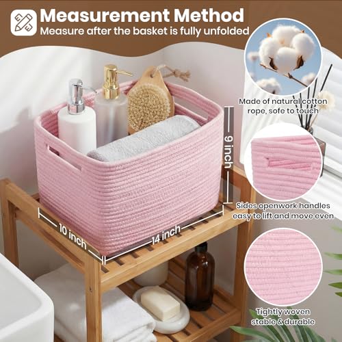 Storage Baskets for Organizing, 14 x 10 x 9” Closet Shelf Woven Baskets, Square Bins with Handles, Cotton Rope Basket for Toys, Clothes, Office, Room, Pink 1 Pack - color: Pink, size: 1pc