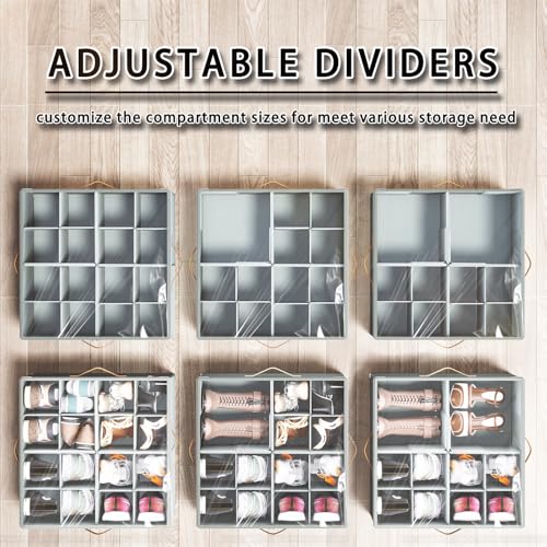 Shoe Organizer for Closet,2 Pack Foldable Shoe Storage Organizer Box Bin with Adjustable Dividers and Clear Cover, Fits up to 16-32 Pairs（Grey） - color: Grey