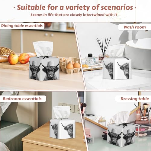 2 Pcs Tissue Box Cover Square,Funny Highland Cow Tissue Box Holder Leather Facial Paper Organizer Dispenser for Bathroom Kitchen Bedroom Night Stand Office Desk - color: Funny Highland Cow