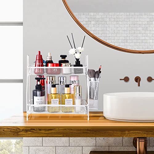 LEMIKKLE Countertop organizer for bathroom counter, bathroom organizers and storage, spice rack organizer for kitchen counter shelf with small basket(White) - color: White (Size: 7" x 12" x 13")