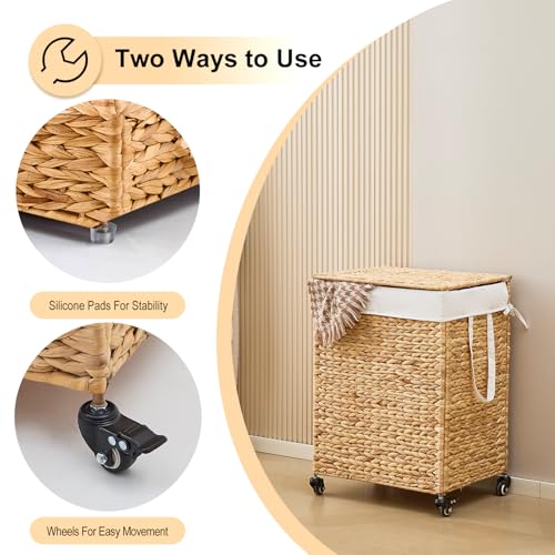 2-Section Laundry Hamper with Lid, Large Capacity Woven Natural Water Hyacinth Laundry Sorter with Removable Liners, Rolling or Non-Slip Design for Bedroom(Natural, 100L) - color: Natural, size: 2-Section