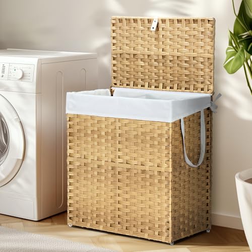 DUMOS Wicker Laundry Basket with Lid, 110L Woven Laundry Hamper with Handles, Foldable Rattan Clothes Hamper with Removable Liner & Sturdy Steel Frame, Goose Yellow - color: Goose Yellow, size: 110L